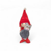 Figurine: Tomte Girl or Boy with Cat 4" Tall Seated Handcrafted in Scandinavia