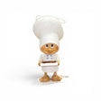The Faire - Nordic Dreams Tomte Gnome Chef figurine is a 4.75" handcrafted Scandinavian ornament, featuring a chef with big eyes, a tall white hat, apron, and a tray holding a crab. It comes with an attached hanging string.