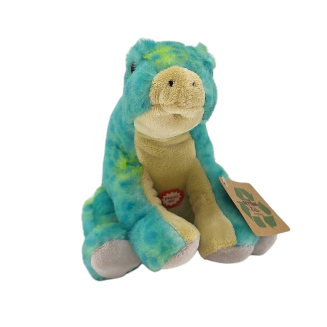 The Plush: Stegosaurus with Roaring Sound is a 10 toy featuring blue and green colors, a beige face and belly, gray feet, and a recyclable tag on its arm, shown sitting upright against a white background.