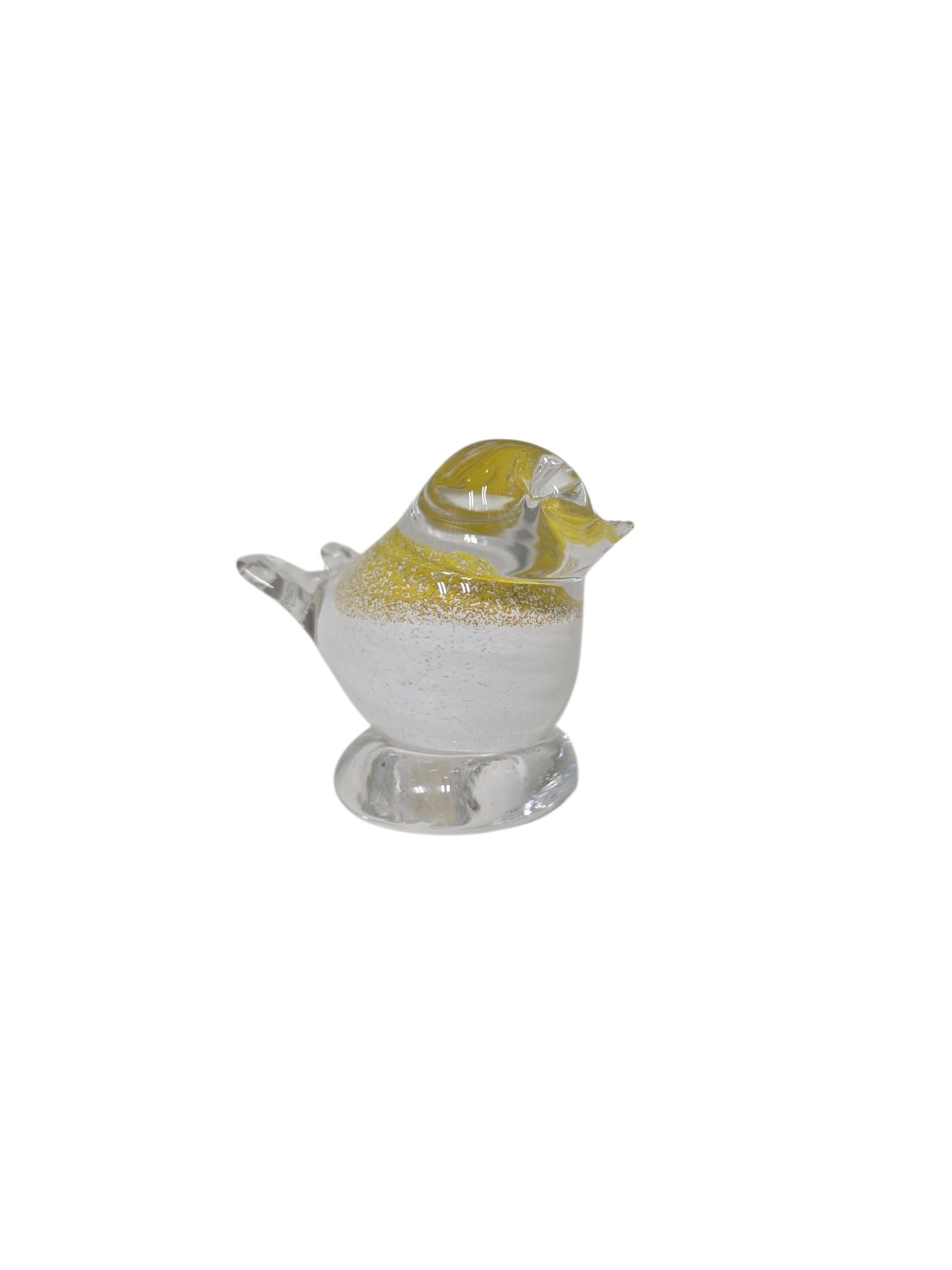 Bianco Blu "Chick" glass bird figurine with yellow back and white belly on a round base, mouth blown in Finland, is displayed on a white background.