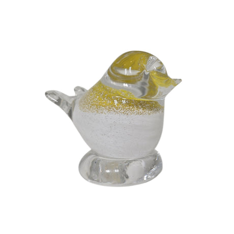Bianco Blu "Chick" glass bird figurine with yellow back and white belly on a round base, mouth blown in Finland, is displayed on a white background.