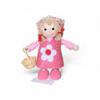 The Figurine: Scandinavian Tomte Girl in Pink by Faire - Nordic Dreams features a charming gnome with blonde hair, a floral headscarf, pink dress and shoes, holding a woven basket—an ideal accent for Nordic-inspired decor. Made in Scandinavia.