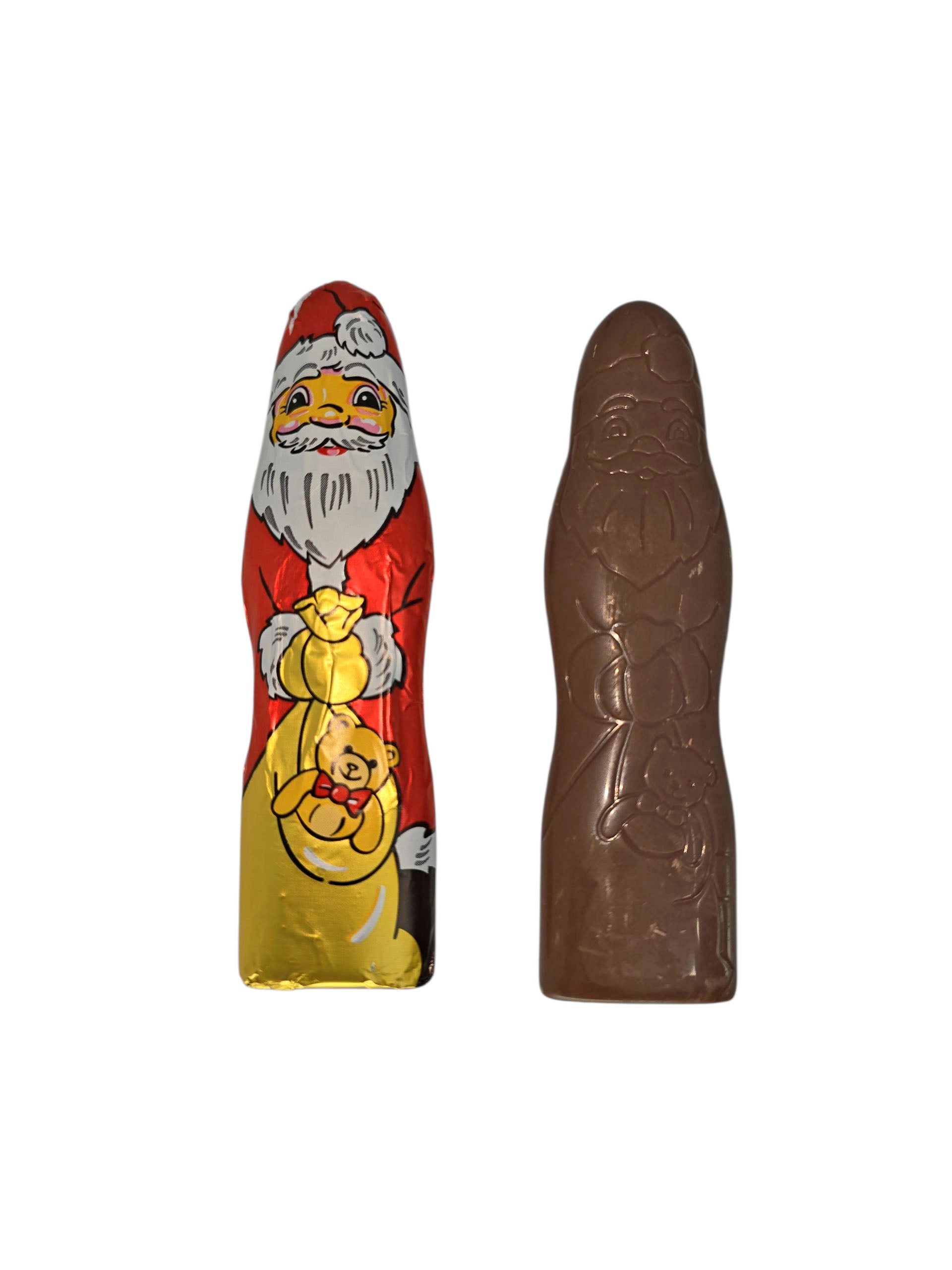 A 4" tall, 0.44 oz Riegelein Milk Chocolate Santa in a festive foil wrapper is shown next to an unwrapped chocolate Santa on a white background.