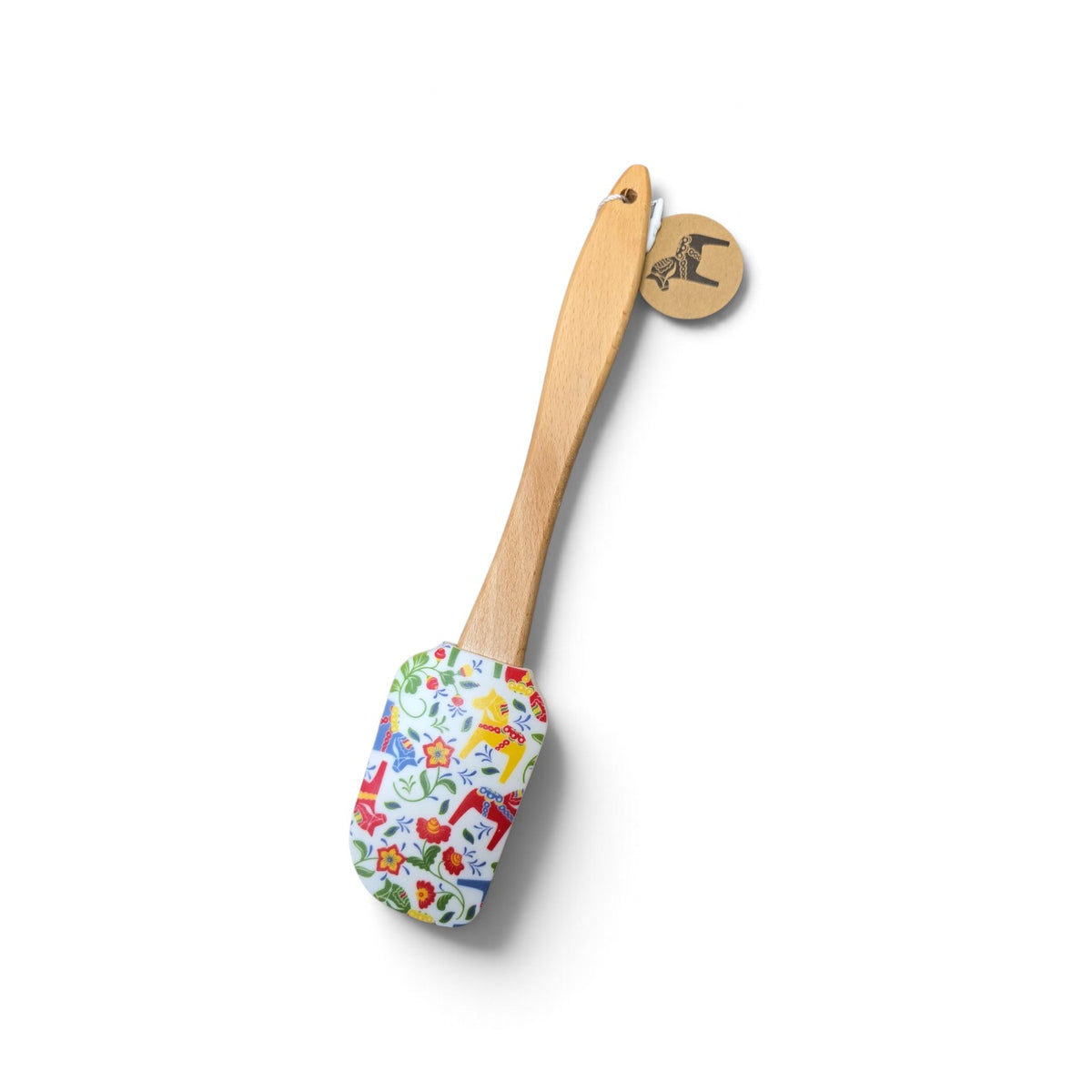 Silicone spatula with a wooden handle featuring a Swedish Dala horse and floral pattern.