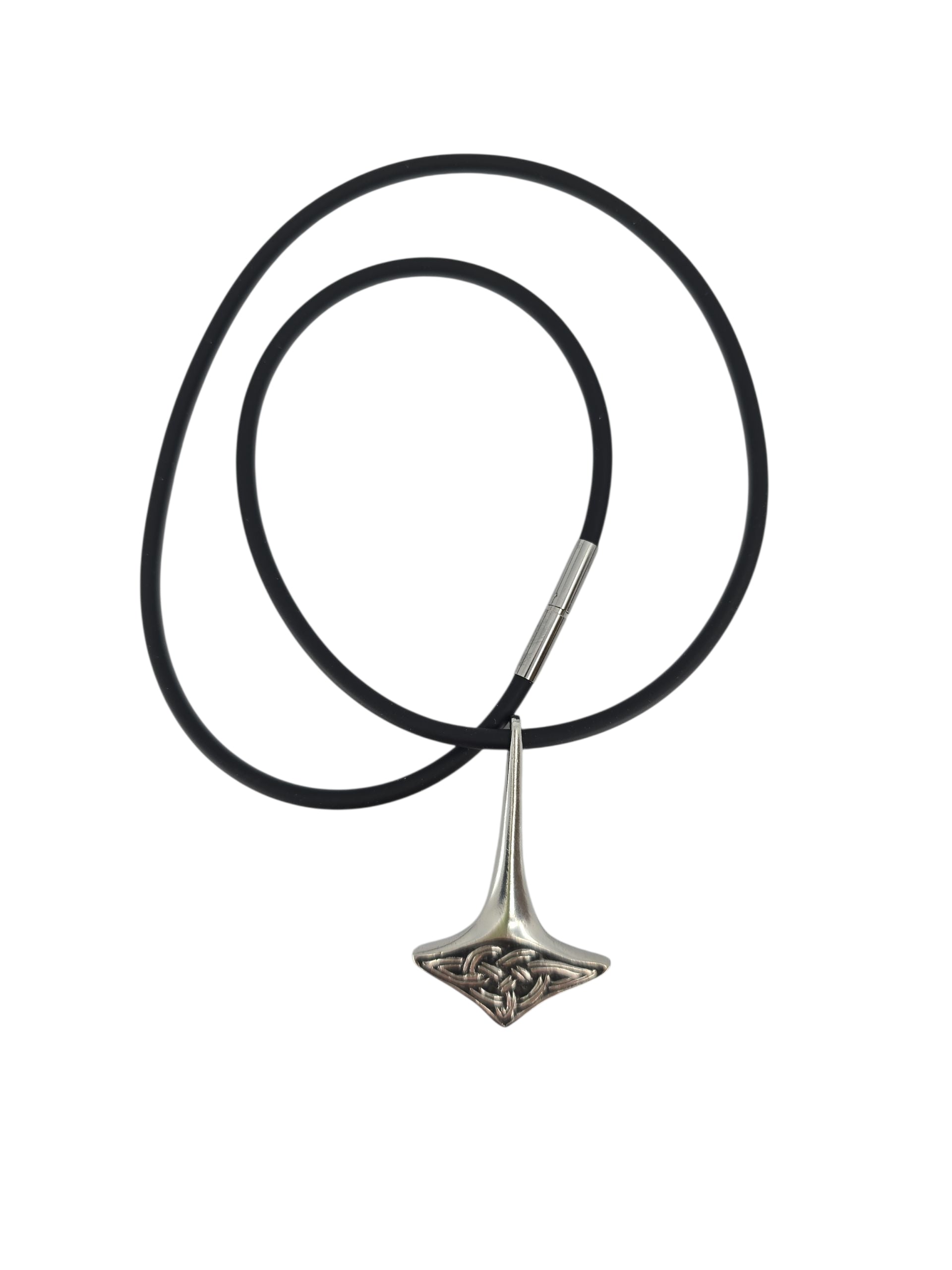 A black rubber chain necklace featuring a Thor’s Hammer pewter pendant, inspired by Norse mythology, crafted by Hillestad of Norway.