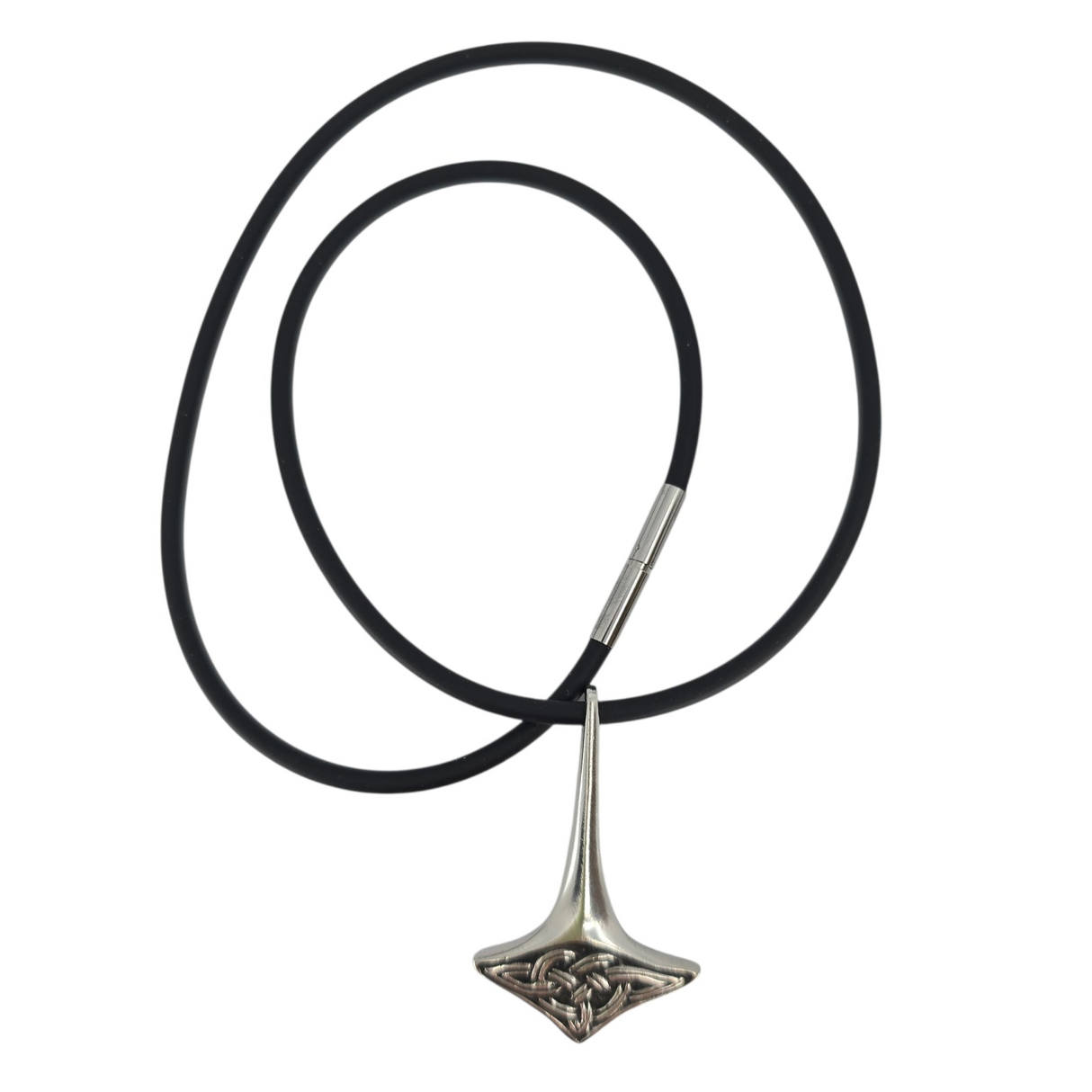 A black rubber chain necklace featuring a pewter Thor’s Hammer pendant with intricate detailing, inspired by Norse mythology jewelry—Necklace: Thor’s Hammer Pewter Pendant with Black Rubber Chain from Hillestad of Norway.