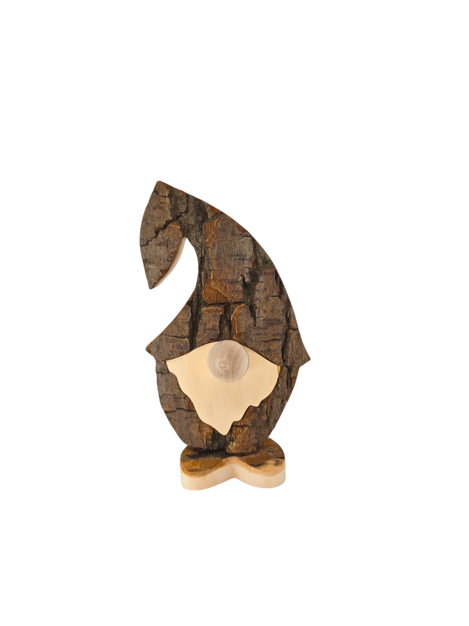 The Figurine: Tomte Standing Made of Bark, 6.25" tall, features a handcrafted design with a textured bark-like hat and body, round nose, and flat base, shown isolated on a white background.