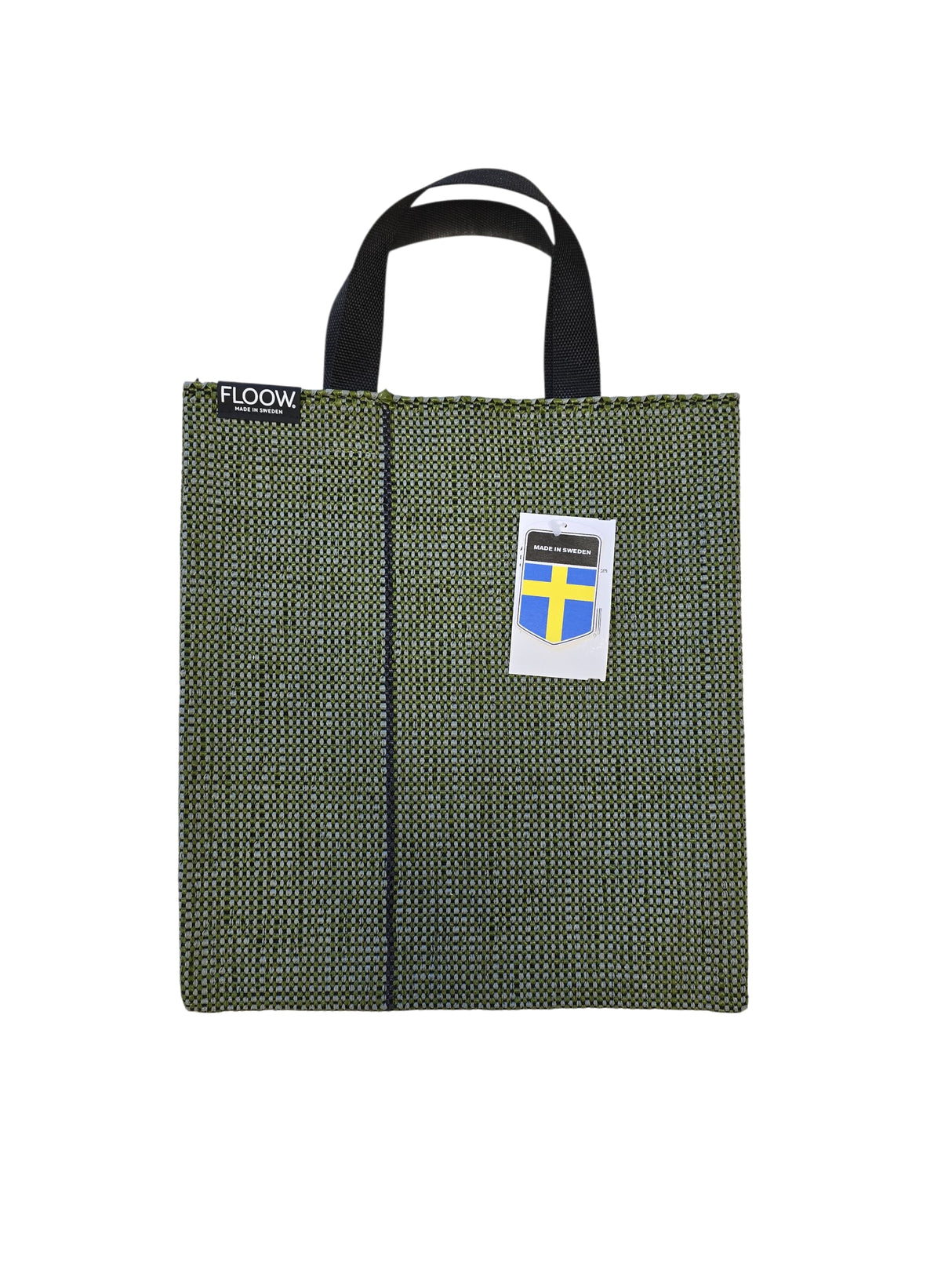The Horredsmattan Floow Vinyl Bag (32x40cm) is a green, eco-friendly PVC woven bag with black handles, a small Swedish flag tag, and FLOOW label—design inspired by classic Swedish vinyl rugs.