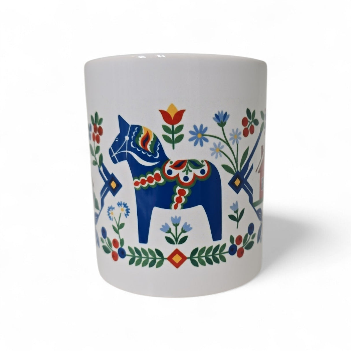 Mug: Swedish Images Blue Dala Horse Church Red House 11oz Mug