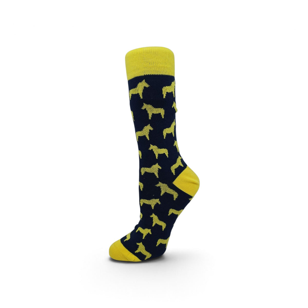 Navy blue sock with yellow heel, toe, and cuff, decorated with a repeating yellow dog pattern, shown upright against a white background.