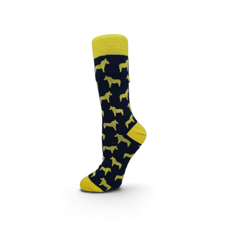 Navy blue sock with yellow heel, toe, and cuff, decorated with a repeating yellow dog pattern, shown upright against a white background.