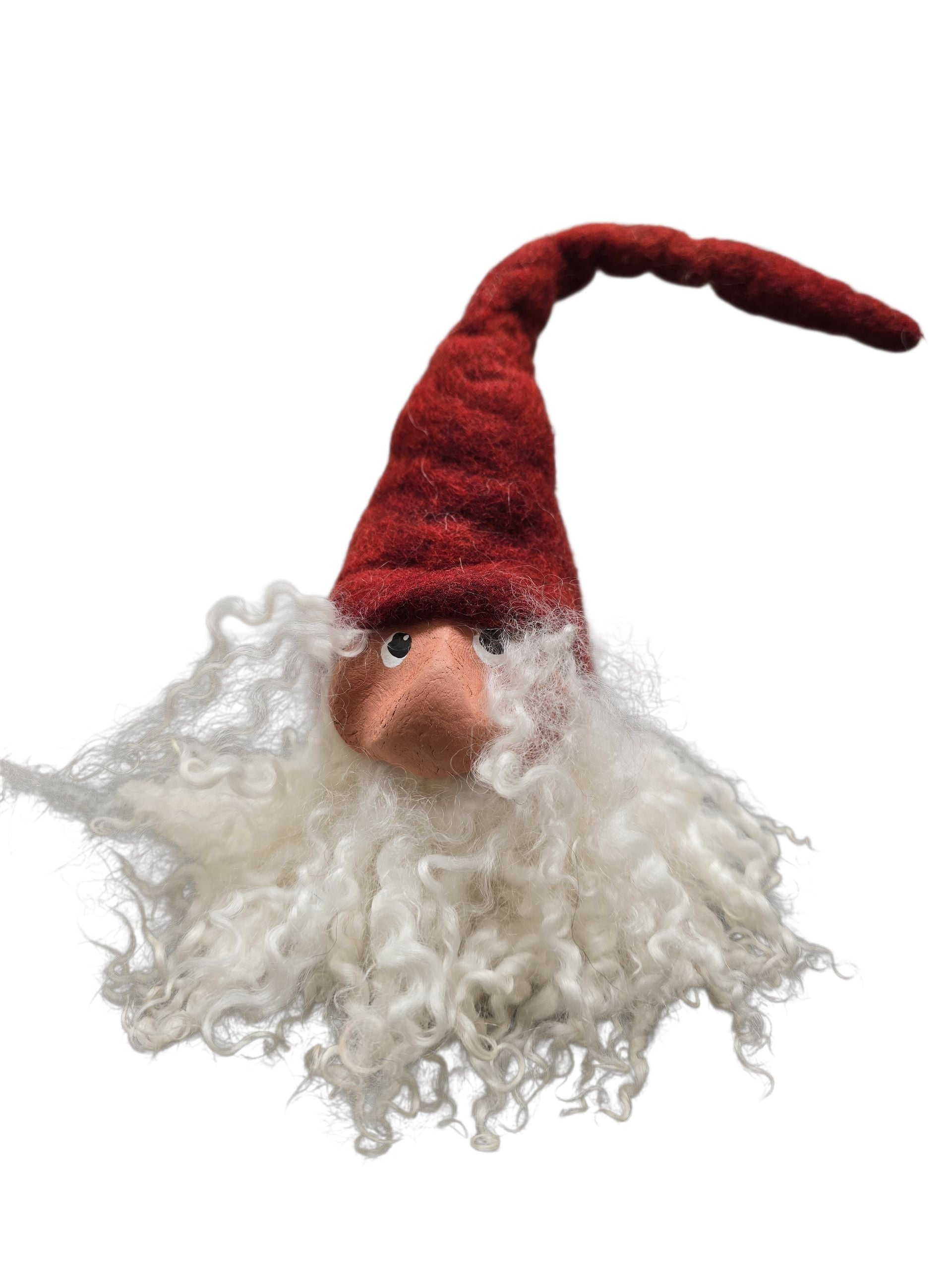 The Gnome: Shelf Tomten with Wool Felt Hat by Gumselids Hanverks Sweden, 12" to tip of hat, features a handmade design with a red pointed hat and curly white beard—perfect as a charming Christmas decoration.