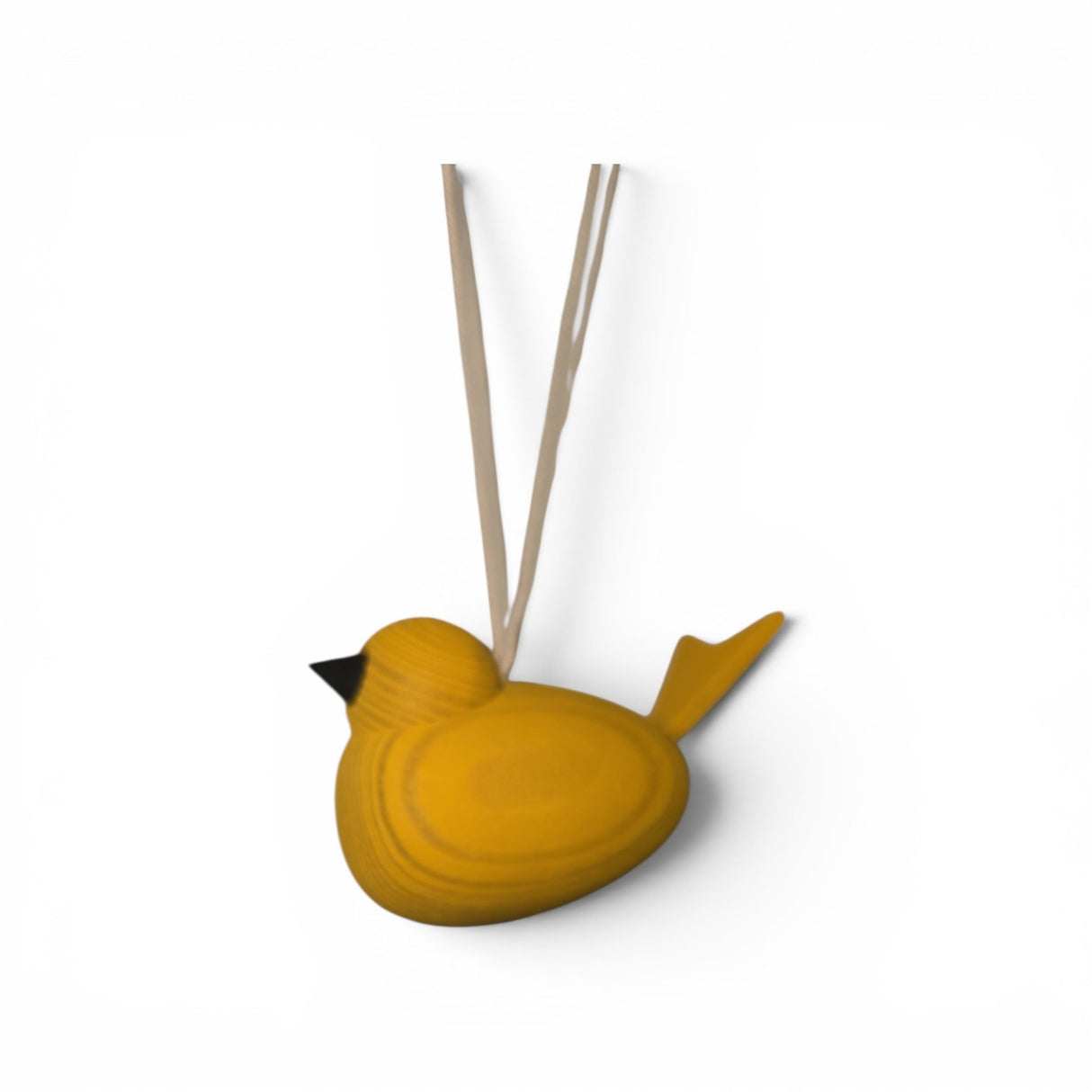 The Swallings Ornament: Wooden Yellow Swedish Bird Hanging Ornament, handmade in Sweden, features a black beak and two tan hanging strings, shown on a white background.