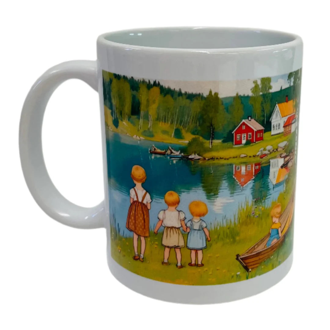 Coffee Mug: Children by the Lake in Summer Coffee Mug—white ceramic mug with a Scandinavian design showing four children by a lakeside, with trees, boats, and red and white houses, inspired by Swedish art.
