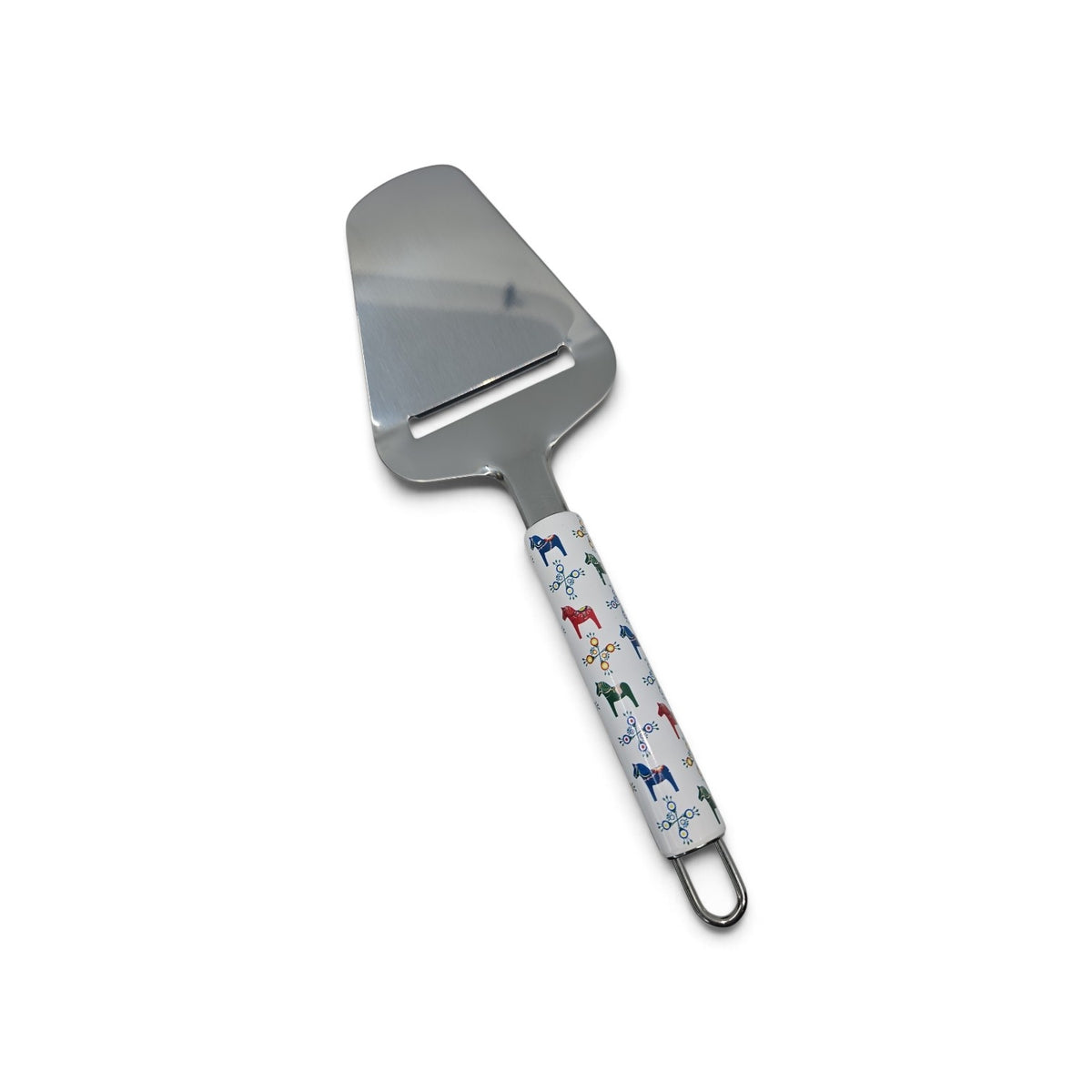 Stainless steel cheese slicer with a white handle featuring a pattern of colorful Swedish Dala horses.