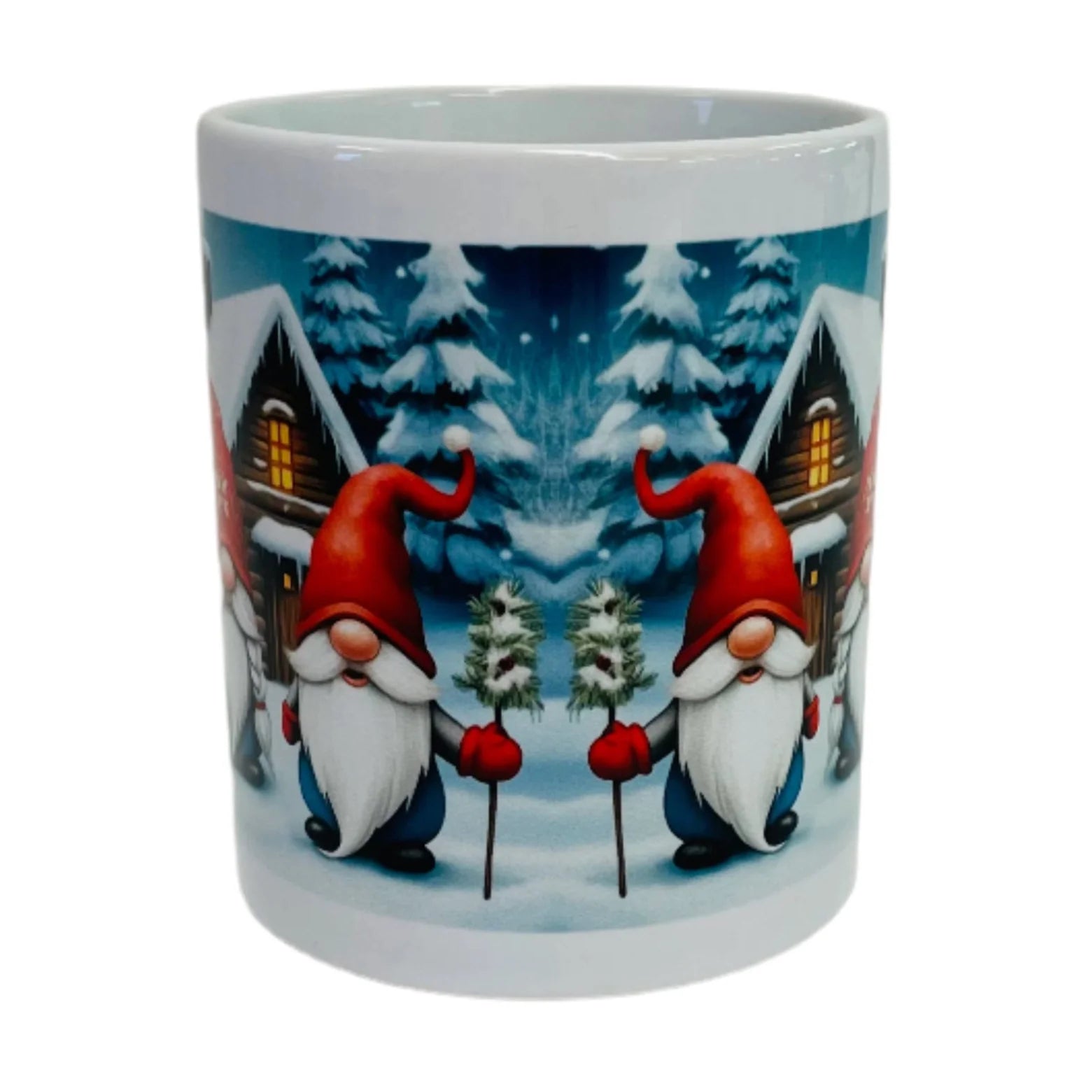 The Mug: Three gnomes coffee mug features a winter scene with three gnomes in red hats holding trees, standing by snow-covered cabins—a cozy addition to any cabin mug collection.