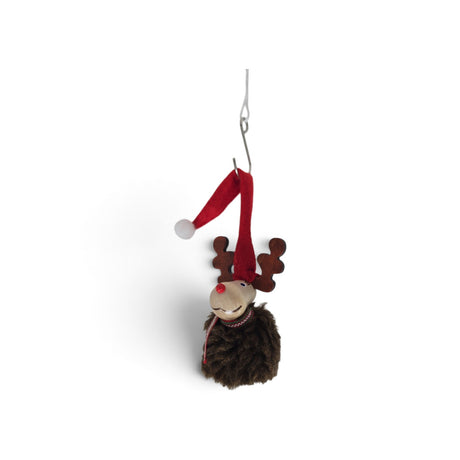 Wooden reindeer ornament with a brown pom-pom body and a red felt Santa hat in a Scandinavian style.