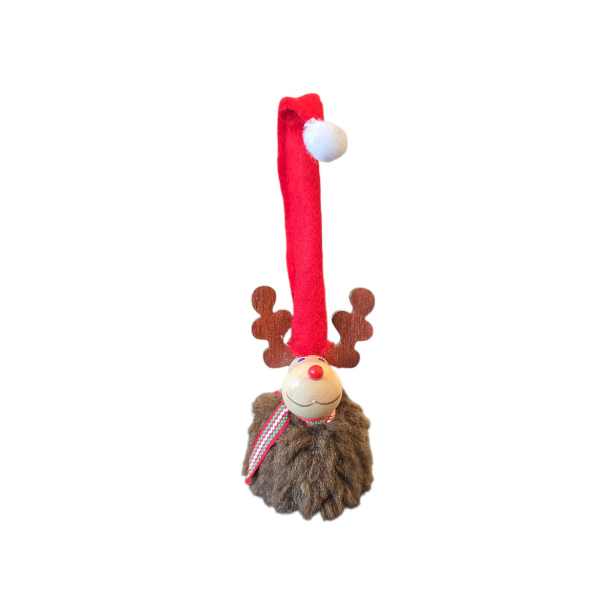 Swedish Christmas ornament shaped as a reindeer with wooden antlers, a red nose, a red felt hat with a white pompom, a fuzzy brown coat, and a decorative ribbon scarf.