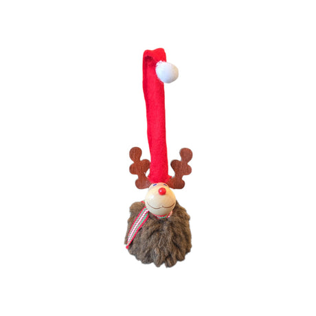 Swedish Christmas ornament shaped as a reindeer with wooden antlers, a red nose, a red felt hat with a white pompom, a fuzzy brown coat, and a decorative ribbon scarf.