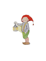 Delight in the Card Pack: Christmas Cards by Kirsten Sevig—pack of 8 with envelopes—featuring a smiling person in a red hat and green shorts holding a lantern, ideal for charming Christmas or Tomte-inspired greetings.