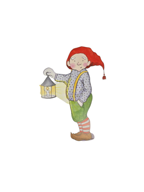 Delight in the Card Pack: Christmas Cards by Kirsten Sevig—pack of 8 with envelopes—featuring a smiling person in a red hat and green shorts holding a lantern, ideal for charming Christmas or Tomte-inspired greetings.