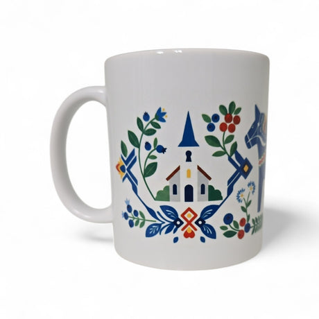Mug: Swedish Images Blue Dala Horse Church Red House 11oz Mug