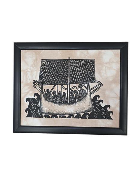 Artwork: "Viking Ship" Leif Eriksson Batik by Swedish artist Heidi Lange, framed (12"x15"), depicts an ancient vessel with oarsmen and sail on stylized waves in black and white.