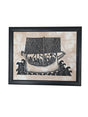 Artwork: "Viking Ship" Leif Eriksson Batik by Swedish artist Heidi Lange, framed (12"x15"), depicts an ancient vessel with oarsmen and sail on stylized waves in black and white.