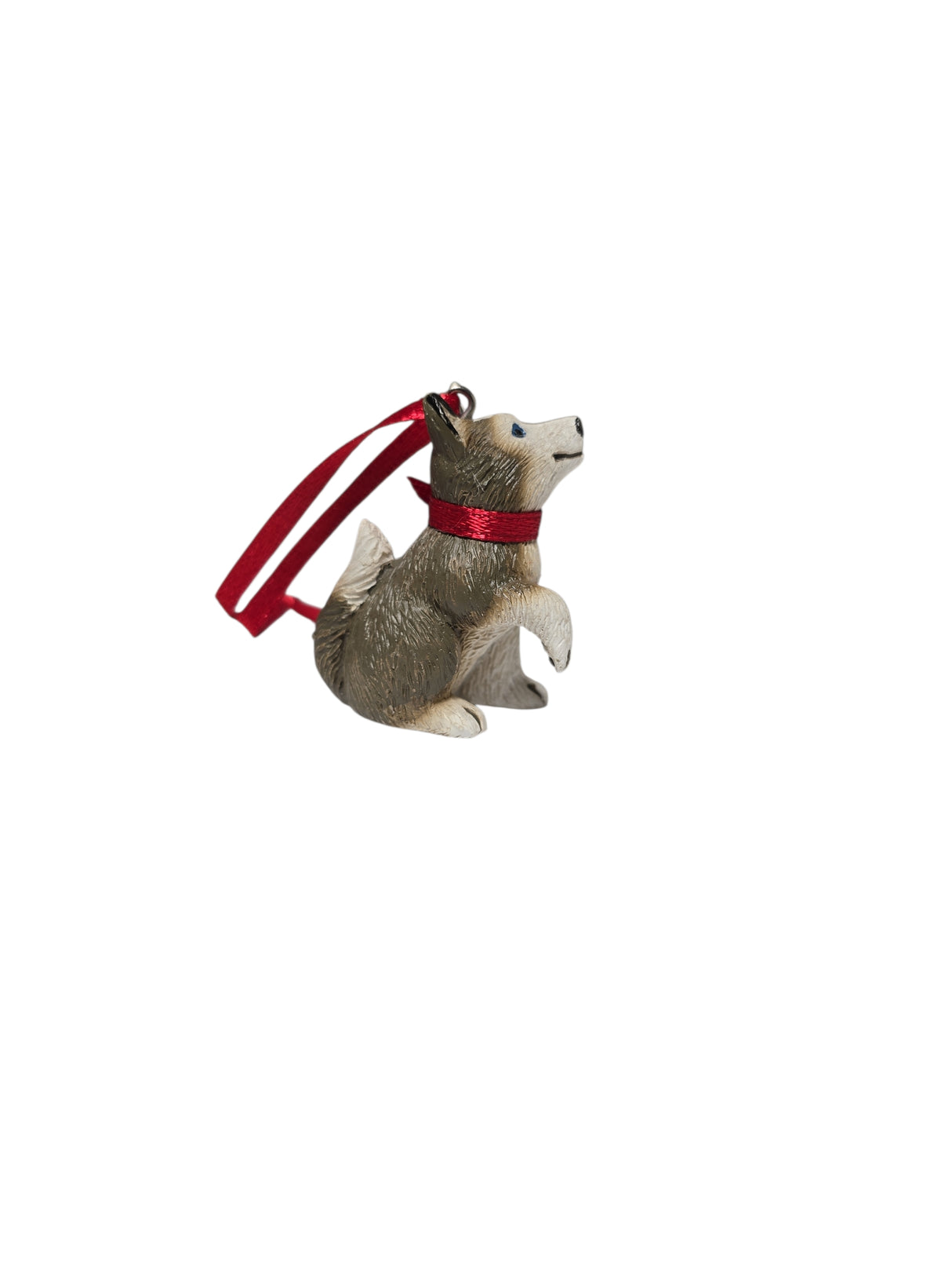 The Ornament: Birki - Anja's Husky Puppy from The Wish Books stands 1.75" tall, features a red ribbon collar and loop for hanging, and is displayed against a white background.