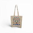 The Citronelles - Sweden Tote: Swedish Traditions Tote Bag features colorful folk-art Swedish motifs—horses, birds, flowers, people, house, and mountains—on beige 100% cotton. Printed in Sweden. Size: 15"w x 16"h with two long handles.