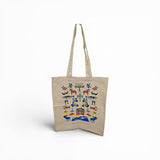 The Citronelles - Sweden Tote: Swedish Traditions Tote Bag features colorful folk-art Swedish motifs—horses, birds, flowers, people, house, and mountains—on beige 100% cotton. Printed in Sweden. Size: 15"w x 16"h with two long handles.
