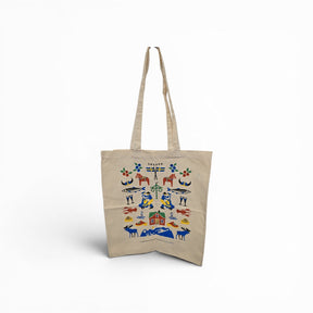 The Citronelles - Sweden Tote: Swedish Traditions Tote Bag features colorful folk-art Swedish motifs—horses, birds, flowers, people, house, and mountains—on beige 100% cotton. Printed in Sweden. Size: 15"w x 16"h with two long handles.