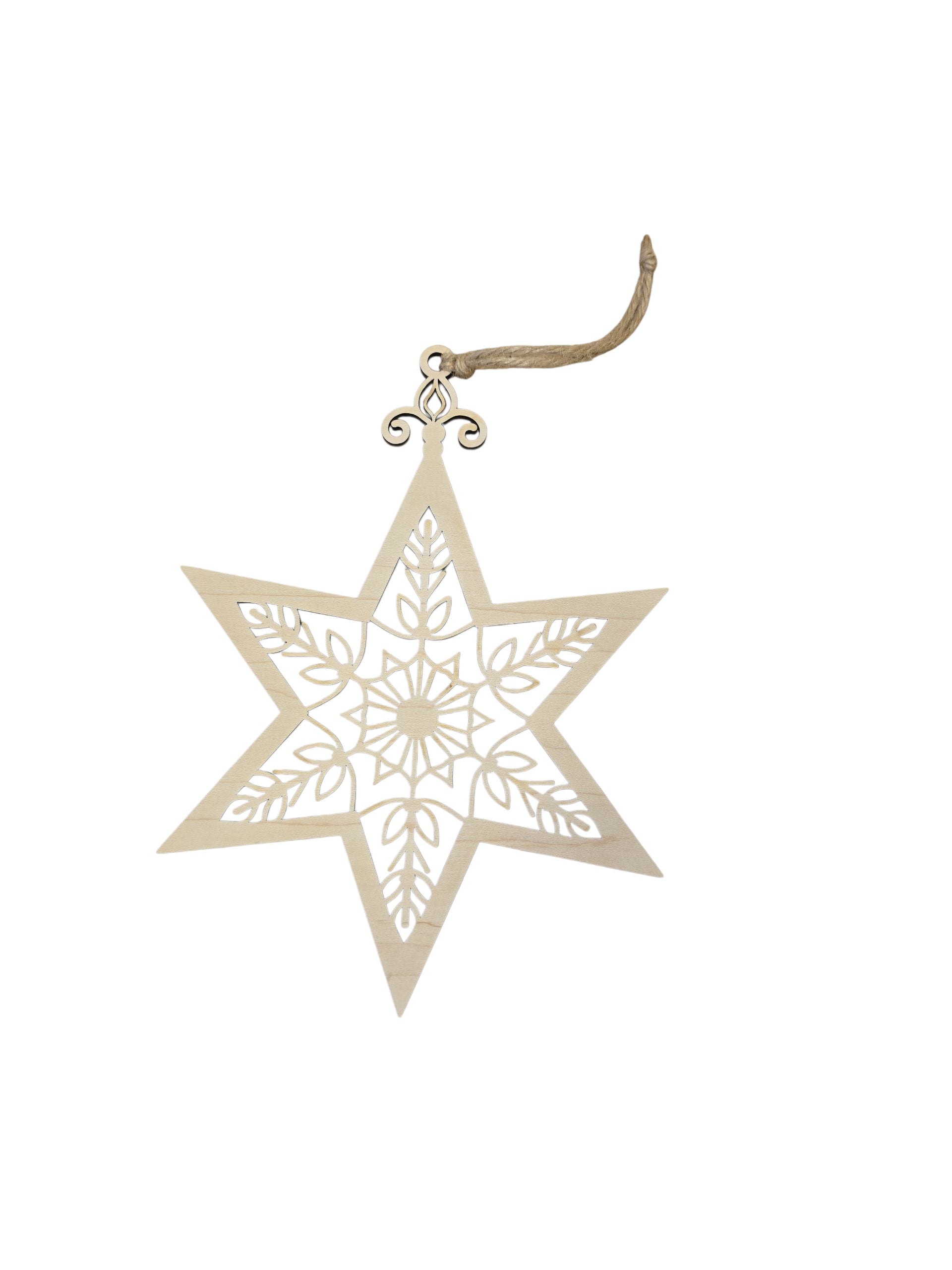 A decorative 8"x6" birch wood laser cut star Christmas tree ornament with intricate patterns and a hanging loop, inspired by Scandinavian designs.