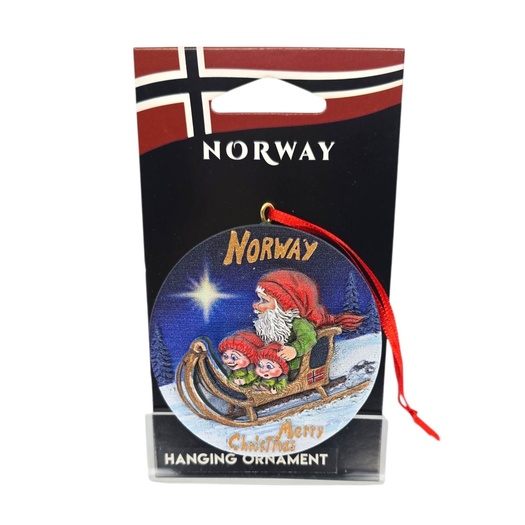 Celebrate Norway with this 3" 3D painted resin Christmas ornament featuring Santa and elves on a sleigh. The festive decoration comes in packaging adorned with the Norwegian flag.