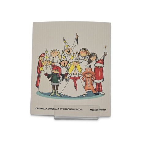 Swedish dishcloth featuring cartoon children in festive costumes, including Santa, gnomes, and girls with candles celebrating a Swedish Christmas.