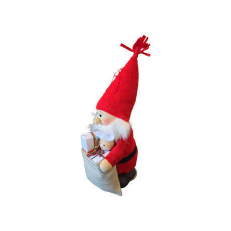 Scandinavian Santa figurine with a tall red hat, white beard, and a burlap sack filled with Nordic gifts and a white mouse.