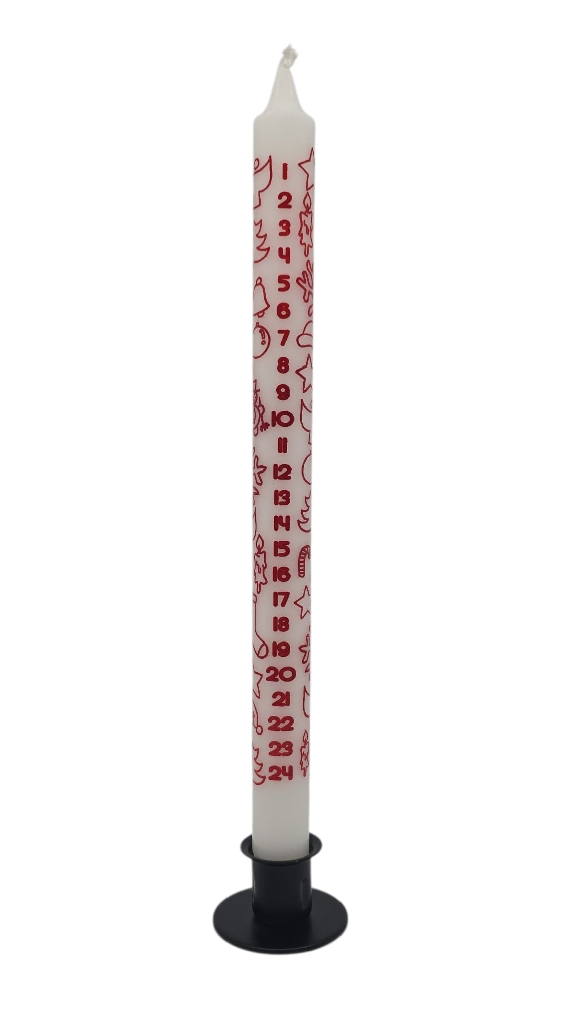 The Candle: Advent Taper Candle – White with Red Print (12" Tall) stands upright in a black holder, featuring red numbers 1 to 24 and festive designs—a stylish tribute to the Scandinavian Advent tradition.