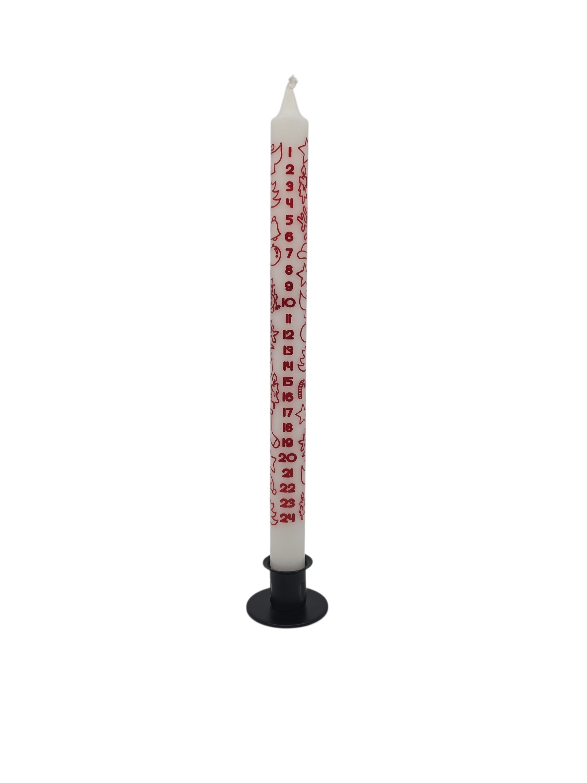 The Candle: Advent Taper Candle White with Red Print, 12" tall, features red numbers 1 to 24 with small decorative symbols, and stands upright in a black holder on a white background.