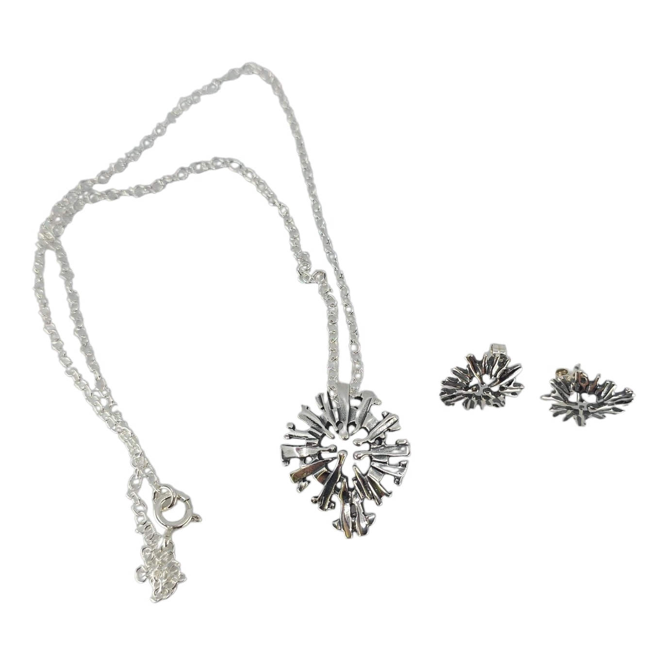The Necklace: Midnight Sun Pewter Pendant with Sterling Silver Chain by Hillestad of Norway, in signature Scandinavian style, is shown with matching stud earrings on a white background.