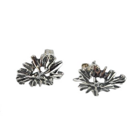 A pair of Midnight Sun Pewter & Stainless-Steel Post/Stud Earrings by Hillestad of Norway, featuring an abstract, spiky design that embodies Scandinavian artistry, displayed on a white background.