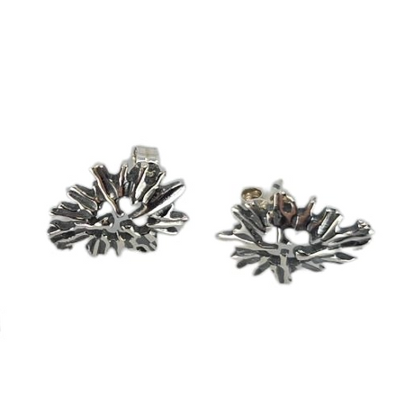 A pair of Midnight Sun Pewter & Stainless-Steel Post/Stud Earrings by Hillestad of Norway, featuring an abstract, spiky design that embodies Scandinavian artistry, displayed on a white background.