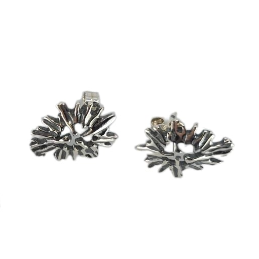 A pair of Midnight Sun Pewter & Stainless-Steel Post/Stud Earrings by Hillestad of Norway, featuring an abstract, spiky design that embodies Scandinavian artistry, displayed on a white background.