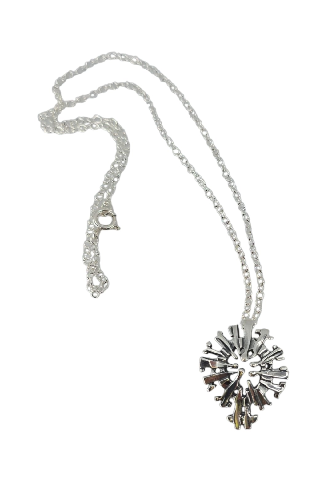 Necklace: Midnight Sun Pewter Pendant with Sterling Silver Chain by Hillestad of Norway—elegant Scandinavian-inspired design, heart-shaped pendant with sunburst motif. Timeless artistry displayed on a white background.