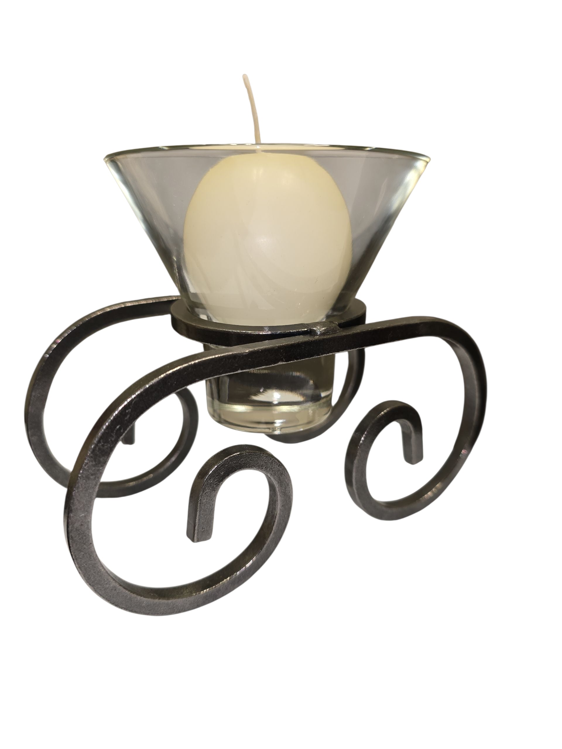 The Candle Holder: Danish Iron with Leif Glass Cup Ball Candle Holder features a round white candle in a glass holder, set on decorative Danish iron scrollwork, isolated on a white background.