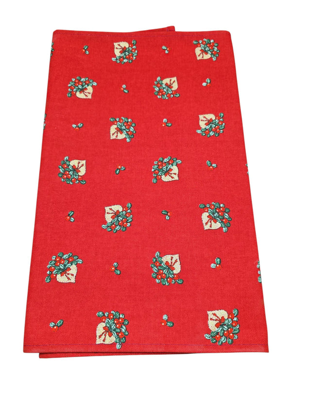 A folded Lingon Hearts Red Runner featuring lingonberries in a heart-shaped basket, 48" long, displayed on a white background. Made in Sweden.