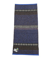 The Cotton/Vinyl Rug: Horredsmattan - Mixed Forest - Cobalt features blue, black, and white stripes with diamond patterns, shown flat with a Swedish flag label in the bottom left corner.