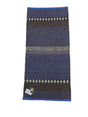 The Cotton/Vinyl Rug: Horredsmattan - Mixed Forest - Cobalt features blue, black, and white stripes with diamond patterns, shown flat with a Swedish flag label in the bottom left corner.