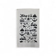 The "Made in Sweden" white & black terry hand towel (12"x21") features Scandinavian folk art designs—animals, trees, crowns, ships, and geometric patterns—arranged in horizontal rows on soft cotton.