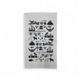The "Made in Sweden" white & black terry hand towel (12"x21") features Scandinavian folk art designs—animals, trees, crowns, ships, and geometric patterns—arranged in horizontal rows on soft cotton.