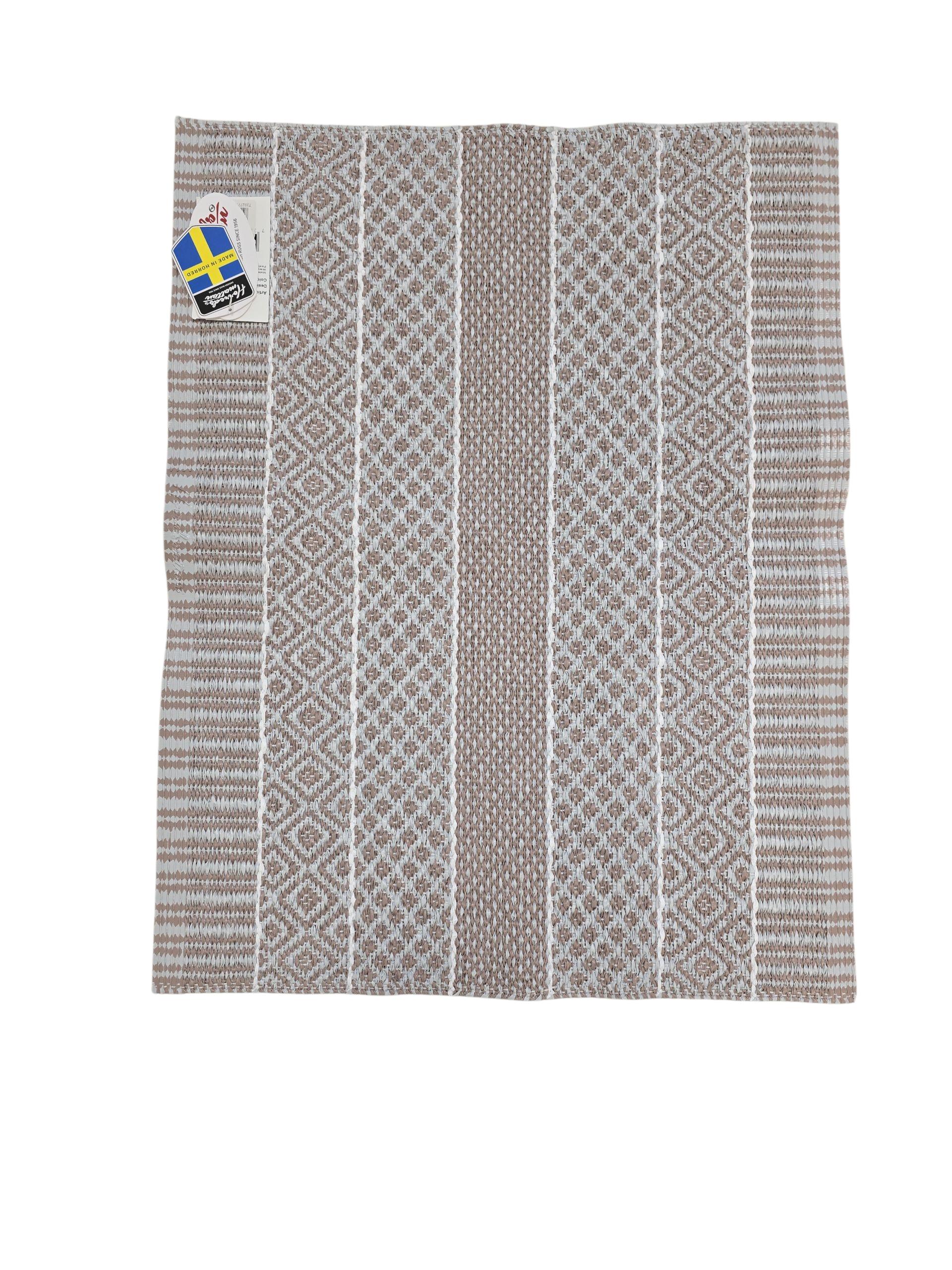 Square woven vinyl rug, Horredsmattan Alfie in Heather, features a beige and white geometric pattern with a Swedish tag at the top left—ideal for adding modern style to your interior.